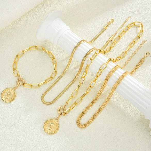 Women's Retro Layered Alloy Coin Pendant Necklace And Bracelet Set With Round Geometric Design And Electroplated Goldtone Finish