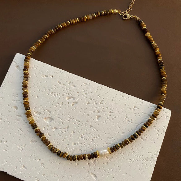 Women's Retro Light Luxury Titanium Steel Tiger Eye Necklace With Geometric Pattern And Electroplating Treatment And Pearl Chain