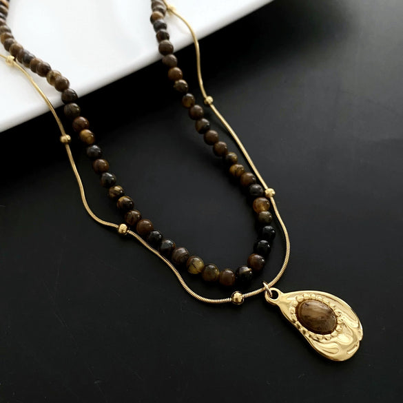 Women's Retro Light Luxury Titanium Steel Tiger Eye Necklace With Geometric Pattern And Electroplating Treatment And Pearl Chain