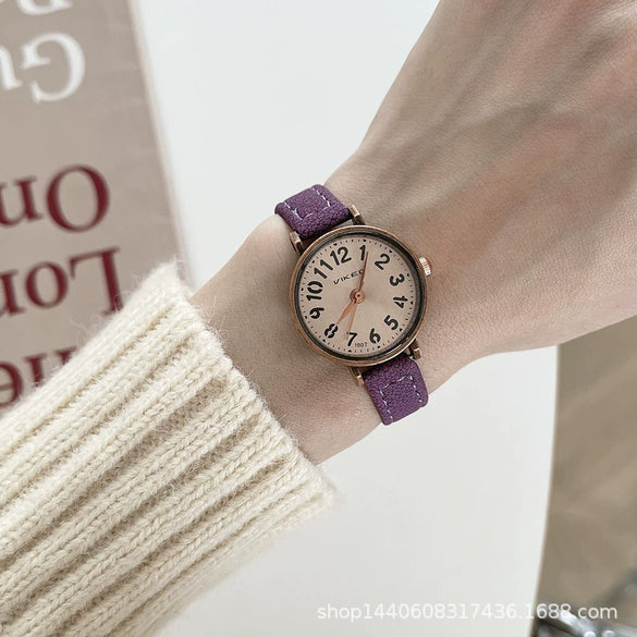 Women's Retro Literary Round Alloy Case Ordinary Glass Mirror Quartz Watch