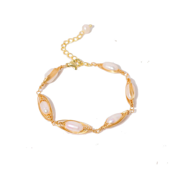 Women's Retro Natural Pearl And Titanium Steel Geometric Electroplating Winding Bracelet Jewelry