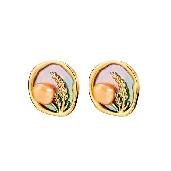 Women's Retro Niche Design Freshwater Pearl Copper Earrings With Heart Shape Flower Leaf Geometric Patterns Electroplated