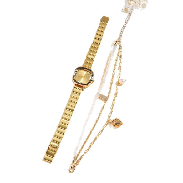 Women's Retro Pearl Bracelet Watch Set With Alloy Case And Square Dial