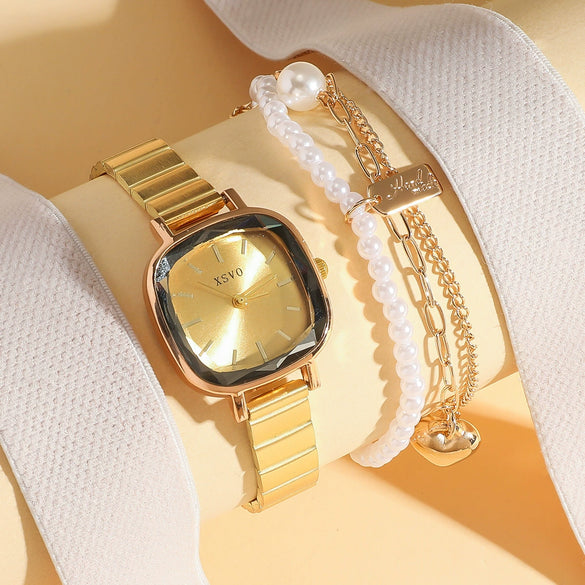 Women's Retro Pearl Bracelet Watch Set With Alloy Case And Square Dial