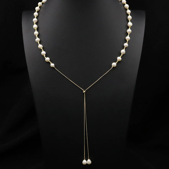 Women's Retro Pearl Necklace Long Adjustable Watermelon Bead Sweater Chain With Geometric Simple Design