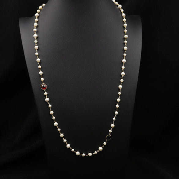 Women's Retro Pearl Necklace Long Adjustable Watermelon Bead Sweater Chain With Geometric Simple Design