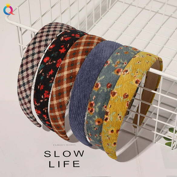 Women's Retro Plaid Floral Printed Corduroy Headband Handmade Pastoral Hair Accessory