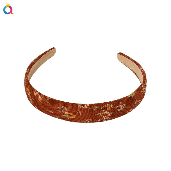 Women's Retro Plaid Floral Printed Corduroy Headband Handmade Pastoral Hair Accessory