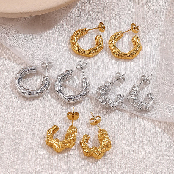 Women's Retro Pleated Cshaped 316L Stainless Steel 18K Gold Plated Earrings