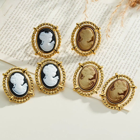 Women's Retro Portrait Pattern Stainless Steel Earrings And Ring Set With Geometric Shape And Vacuum Plated Finish