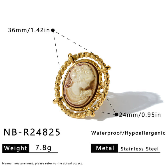 Women's Retro Portrait Pattern Stainless Steel Earrings And Ring Set With Geometric Shape And Vacuum Plated Finish