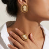 Women's Retro Portrait Pattern Stainless Steel Earrings And Ring Set With Geometric Shape And Vacuum Plated Finish