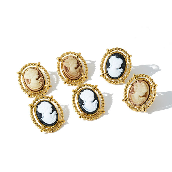Women's Retro Portrait Pattern Stainless Steel Earrings And Ring Set With Geometric Shape And Vacuum Plated Finish