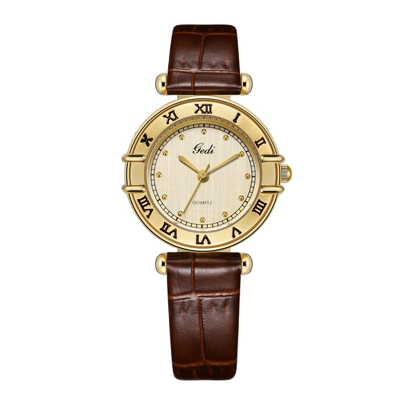 Women's Retro Roman Style Luxury Copper Alloy And Pu Watch With Round Dial