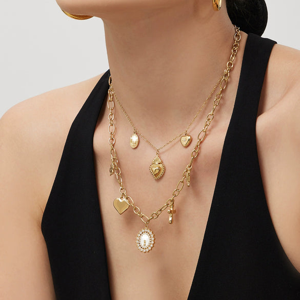 Women's Retro Round Cross Pendant Multi Layer Necklace In Stainless Steel With Gold Plated Oil Drip Geometric Design Fashion Jewelry