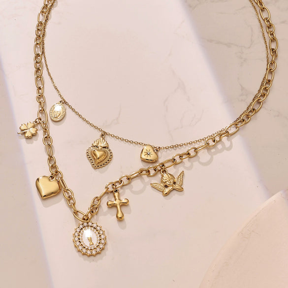 Women's Retro Round Cross Pendant Multi Layer Necklace In Stainless Steel With Gold Plated Oil Drip Geometric Design Fashion Jewelry