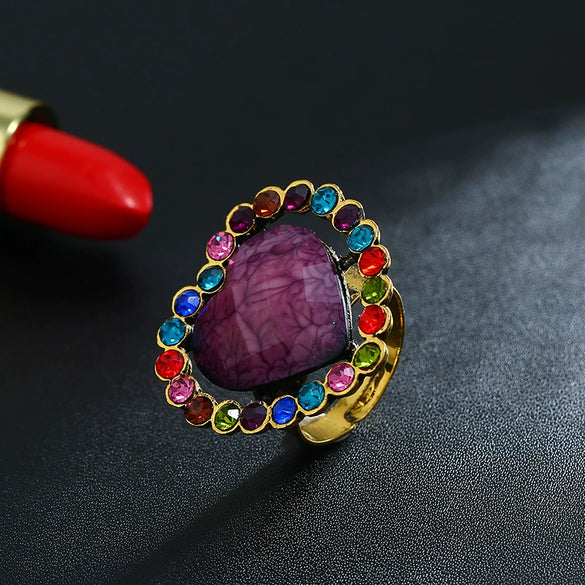 Women's Retro Round Glass Photo Box Ring Adjustable Alloy Resin Heart Pattern Electroplated Statement Ring