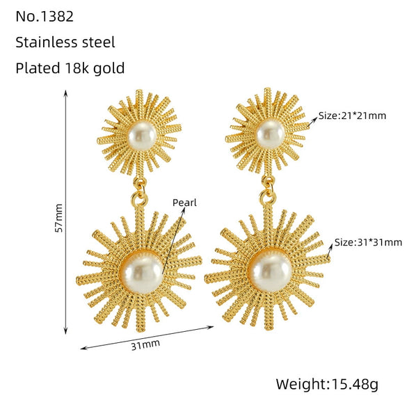Women's Retro Round Sunflower Pearl 316L Stainless Steel 18K Goldplated Electroplated Earrings With Geometric And Floral Patterns