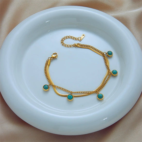 Women's Retro Simple Doublelayer Metal Stainless Steel Turquoise Pendant Bracelet With Electroplating