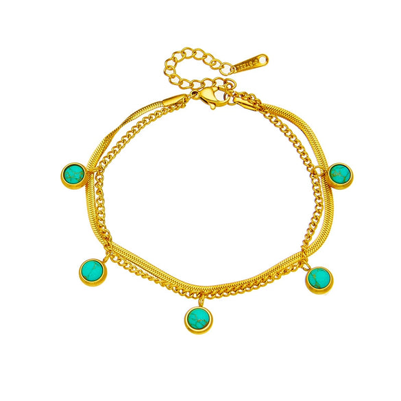 Women's Retro Simple Doublelayer Metal Stainless Steel Turquoise Pendant Bracelet With Electroplating