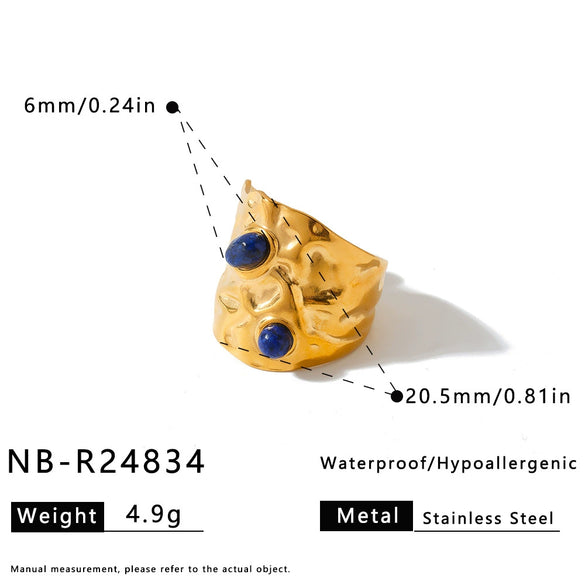 Women's Retro Stainless Steel Adjustable Open Ring With Natural Stone Geometric Design And 18K Vacuum Plated Finish