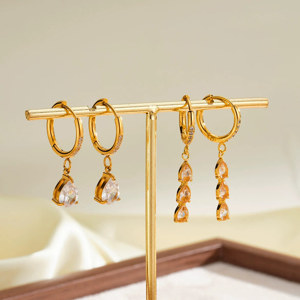 Women's Retro Stainless Steel Drop Earrings With Rhinestone Zircon Geometric Pendants And Vacuum Electroplated Finish