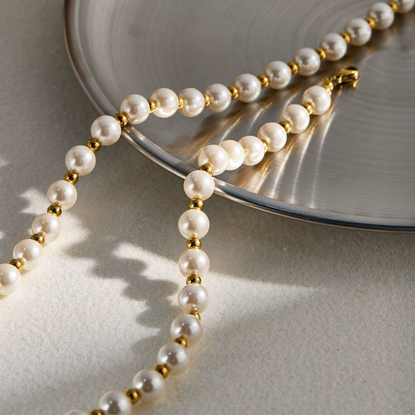 Women's Retro Stainless Steel 18K Gold Plated Pearl Ball Bracelet And Necklace Set With Geometric Design
