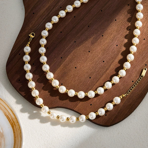 Women's Retro Stainless Steel 18K Gold Plated Pearl Ball Bracelet And Necklace Set With Geometric Design
