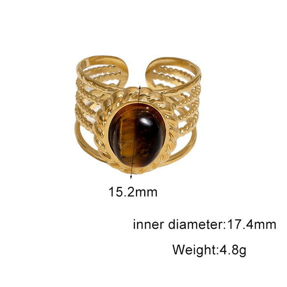 Women's Retro Stainless Steel Open Ring With Oval Tiger Eye Stone Inlay And Gold Tone Electroplated Finish