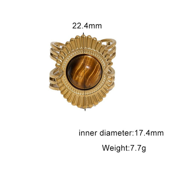 Women's Retro Stainless Steel Open Ring With Oval Tiger Eye Stone Inlay And Gold Tone Electroplated Finish