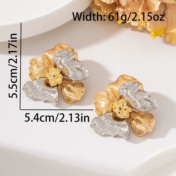 Women's Retro Statement Flower Earrings Gold And Silver Color Blocked Zinc Alloy With Threedimensional Relief Petals And Electroplated Finish