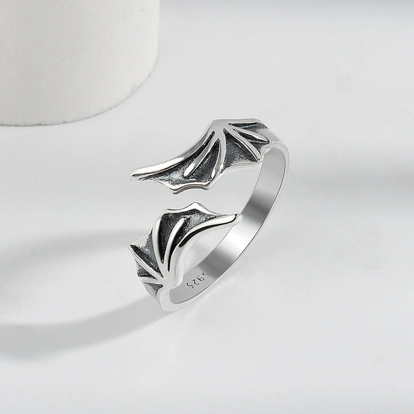 Women's Retro Sterling Silver Wing Ring Adjustable Open Band With Electroplated Bat Wing Design