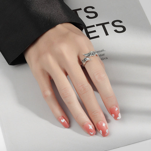 Women's Retro Sterling Silver Wing Ring Adjustable Open Band With Electroplated Bat Wing Design