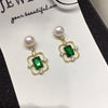 Women's Retro Style Natural Freshwater Pearl Earrings With Square Zircon And Alloy Inlaid Artificial Gemstones