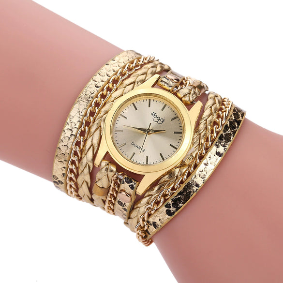 Women's Retro Style Winding Bracelet Watch With Braided Snake Pattern Imitation Leather Strap And Alloy Case