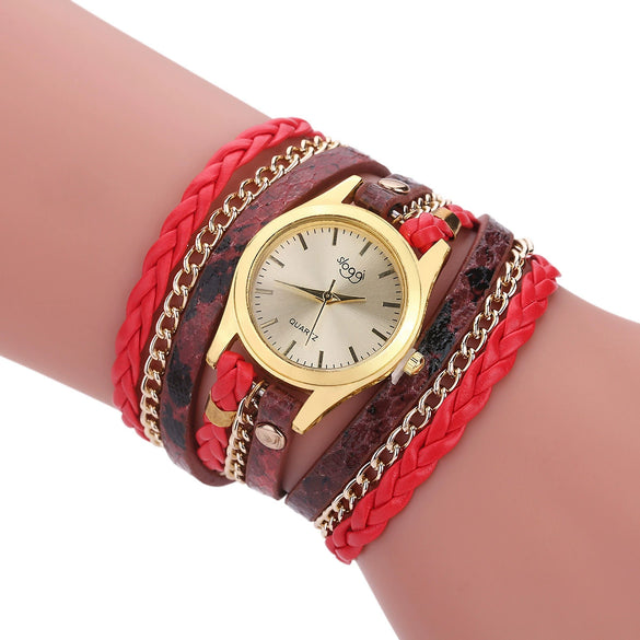 Women's Retro Style Winding Bracelet Watch With Braided Snake Pattern Imitation Leather Strap And Alloy Case