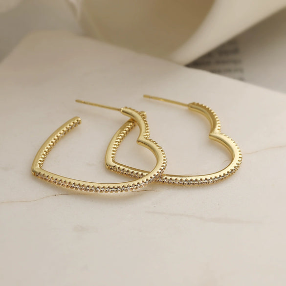 Women's Retro Stylish Copper 18K Gold Plated Geometric Heart Micropaved Zircon Earrings