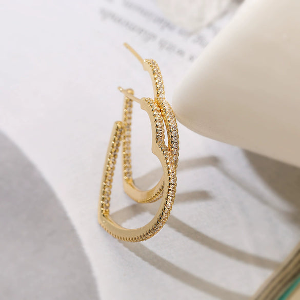 Women's Retro Stylish Copper 18K Gold Plated Geometric Heart Micropaved Zircon Earrings