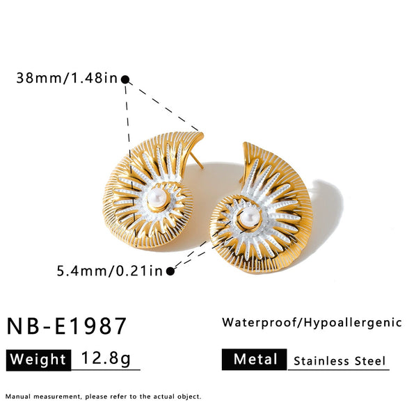 Women's Retro Textured Stainless Steel Pearl Earrings With Oil Drip Finish And Exaggerated Conch Geometric Design