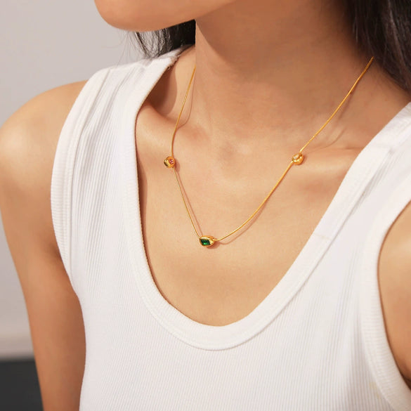 Women's Retro Tricolor Glass Stone Pendant Clavicle Chain Jewelry 316L Stainless Steel 18K Gold Plated Geometric Style