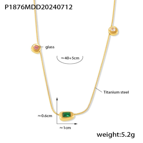 Women's Retro Tricolor Glass Stone Pendant Clavicle Chain Jewelry 316L Stainless Steel 18K Gold Plated Geometric Style