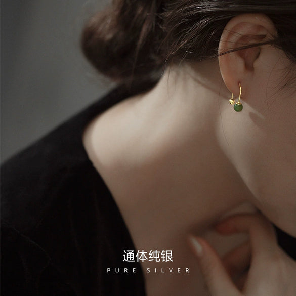 Women's Retro Ushaped Natural Jade Earrings With Sterling Silver Screw Ear Hooks And Electroplated Finish