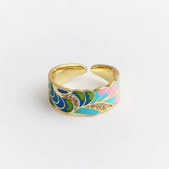 Women's Retro Wide Blue Leaf Geometric Pattern Opening Adjustable Ring With Electroplating
