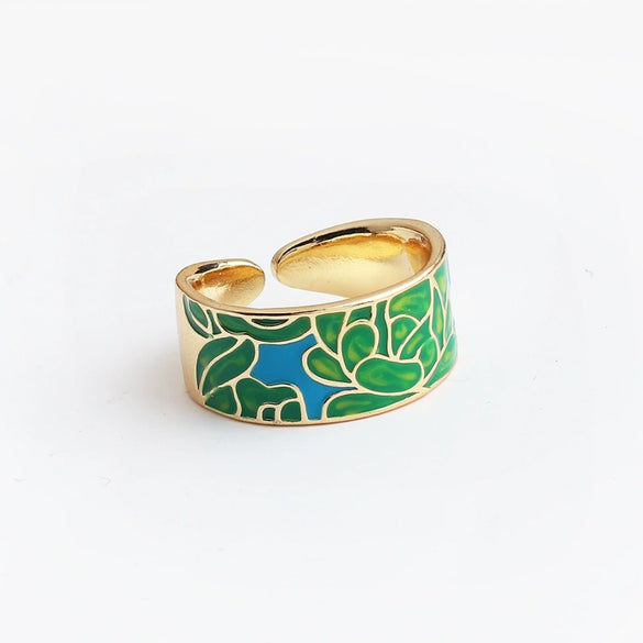 Women's Retro Wide Blue Leaf Geometric Pattern Opening Adjustable Ring With Electroplating