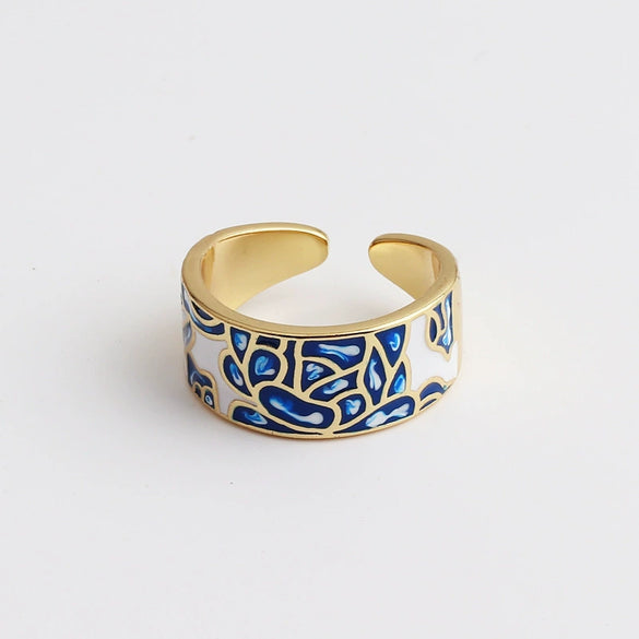 Women's Retro Wide Blue Leaf Geometric Pattern Opening Adjustable Ring With Electroplating