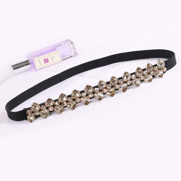 Women's Rhinestone Embellished Elastic Pu Leather Waist Belt With Alloy Buckle And Snap Closure