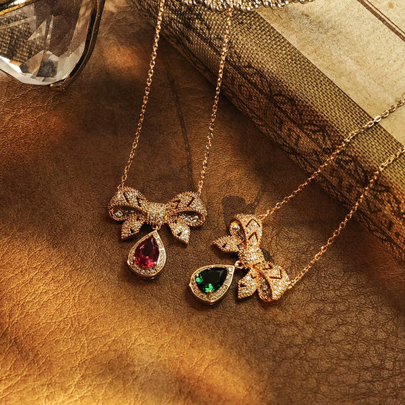 Women's Rococo Style Bow Pendant Necklace With Cultured Ruby Emerald 925 Silver O Word Chain Electroplated