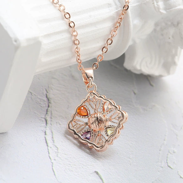 Women's Rose Gold Color Copper Pearl Flower Earrings And Necklace Jewelry Set With Mixed Gem Inlay Electroplated Floral Bridal Style