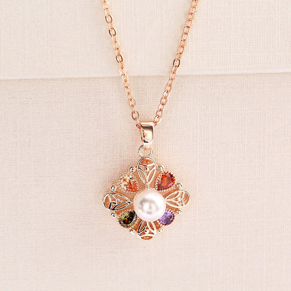 Women's Rose Gold Color Copper Pearl Flower Earrings And Necklace Jewelry Set With Mixed Gem Inlay Electroplated Floral Bridal Style