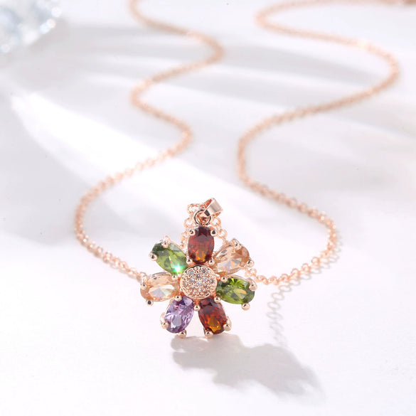 Women's Rose Gold Color Flower Pendant Necklace With Artificial Zircon O Chain Natural Floral Style Jewelry
